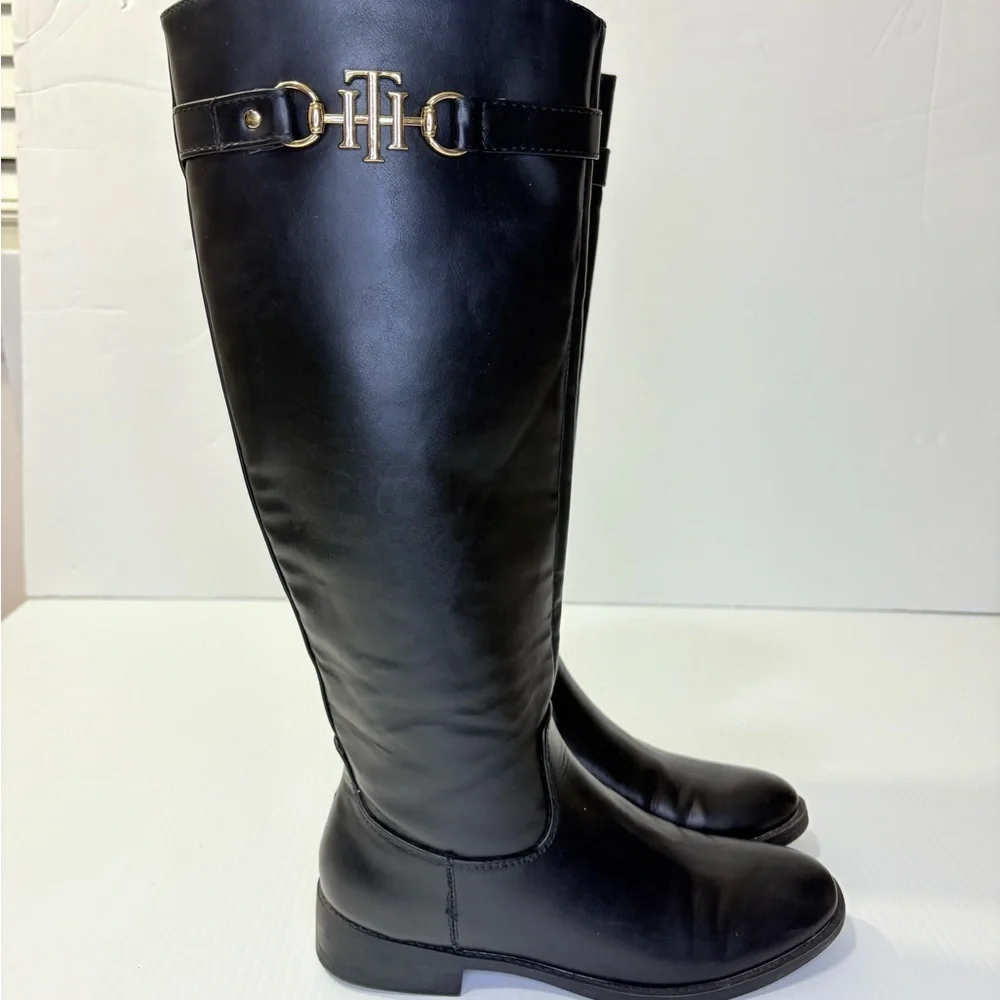 Tommy Hilfiger Inezy Black Knee High Equestrian Boots Side Zip Block Heel Sz6